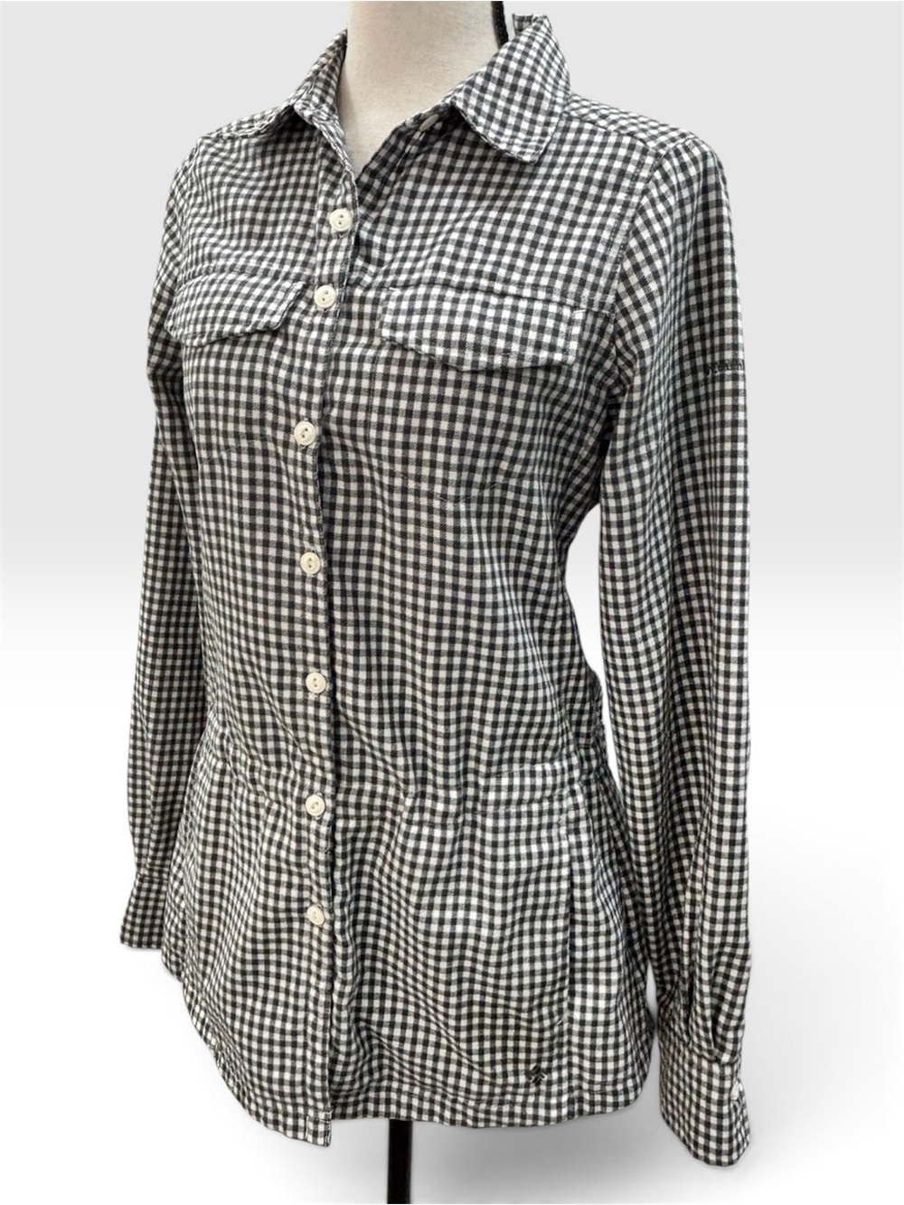 Columbia Gingham Black White Checkered Drawstring Waist Shirt Jacket Small